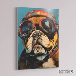 "Artery8 Bulldog Dog With Retro Motorcycle Goggles Canvas Wall Art Print in Blue - Size: W18"" x H24""" - thumbnail 2