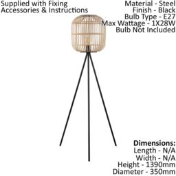 Loops Tripod Floor Lamp Light Black & Wicker 1 x 28W E27 Bulb Tall Living Room - thumbnail 2