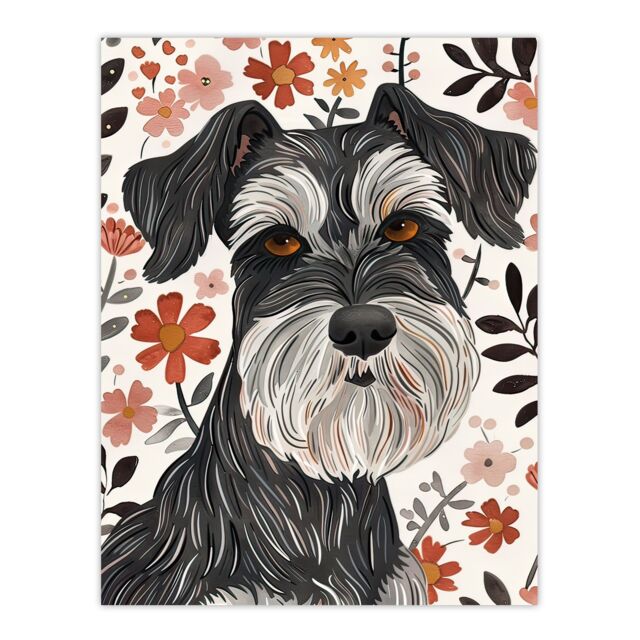 "Artery8 Miniature Schnauzer with Daisies Watercolour Wall Art Print in Dark Grey - Size: W12"" x H16""" - image 1