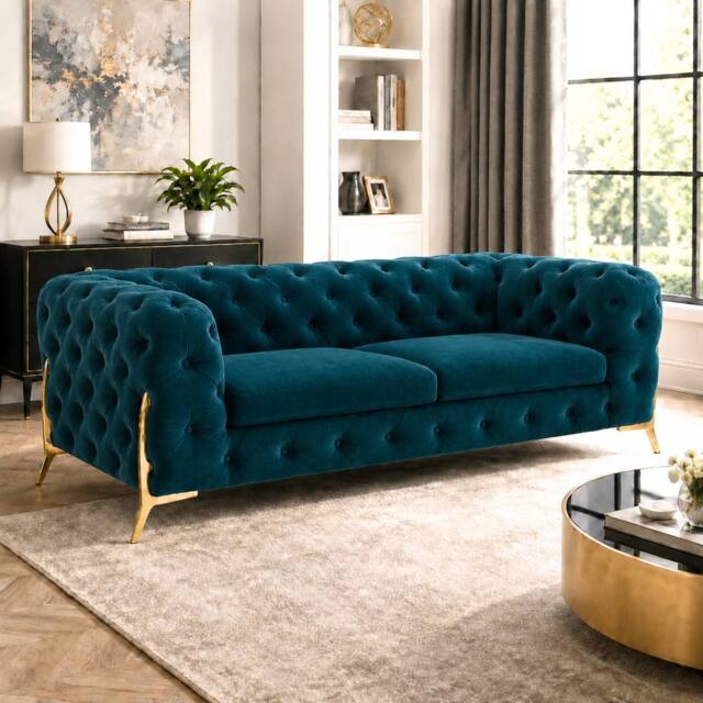 Stratus Interiors Italian Chesterfield Plush Velvet Sofa Luxury Lounge Seating- 3 Seater in Teal - Size: 190 cm x 60 cm - image 1