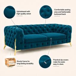 Stratus Interiors Italian Chesterfield Plush Velvet Sofa Luxury Lounge Seating- 3 Seater in Teal - Size: 190 cm x 60 cm - thumbnail 2
