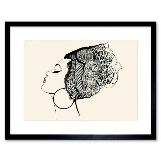 "Wee Blue Coo Woman Headdress Black White sketch Home Decor 12x16"" Framed Art Print in Beige - Size: W12"" x H16""" - image 1