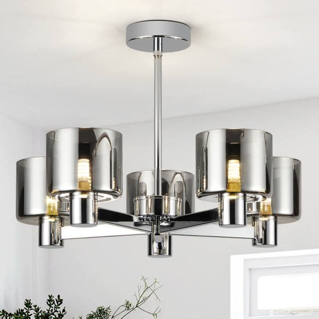 Harper Living Modern 5 Light Chrome Semi Flush Ceiling Lamp with Smoked Glass Shades in Silver - image 1