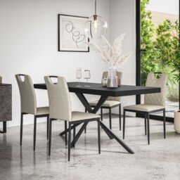 More4Homes Donni Dining Table & Chairs - Black Table Top w Black Legs + Monza Linen Dining Chair Set Of 6 in Beige