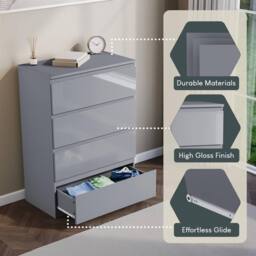 Kelvenix Grey Modern Gloss 4 Drawer Bedside Chest of Drawers - Size: 0.6m2 - thumbnail 3