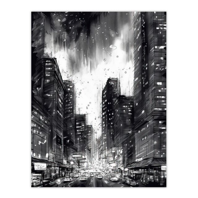 "Artery8 Downtown Chicago Ink Sketch Cityscape Pen & Ink Charcoal Dark Moody Extra Large XL Wall Art Poster Print - Size: W24"" x H32""" - image 1