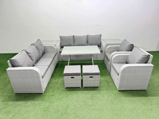 Fimous Rattan High Back Lounge Sofa Set with Reclining Chairs 2 Side Tables in Light Grey - image 1
