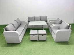 Fimous Rattan High Back Lounge Sofa Set with Reclining Chairs 2 Side Tables in Light Grey - thumbnail 2