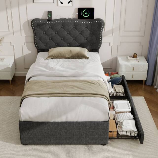 Merax 3ft Single Tufted Upholstered Bed with Charging Station, 2 Drawers in Dark Grey - image 1