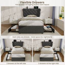 Merax 3ft Single Tufted Upholstered Bed with Charging Station, 2 Drawers in Dark Grey - thumbnail 6