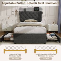 Merax 3ft Single Tufted Upholstered Bed with Charging Station, 2 Drawers in Dark Grey - thumbnail 7