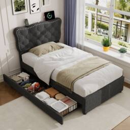 Merax 3ft Single Tufted Upholstered Bed with Charging Station, 2 Drawers in Dark Grey - thumbnail 2