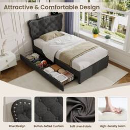 Merax 3ft Single Tufted Upholstered Bed with Charging Station, 2 Drawers in Dark Grey - thumbnail 8