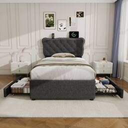 Merax 3ft Single Tufted Upholstered Bed with Charging Station, 2 Drawers in Dark Grey - thumbnail 4