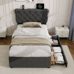 Merax 3ft Single Tufted Upholstered Bed with Charging Station, 2 Drawers in Dark Grey - thumbnail 1