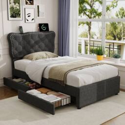 Merax 3ft Single Tufted Upholstered Bed with Charging Station, 2 Drawers in Dark Grey - thumbnail 3