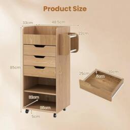VOGREX Natural Rolling Storage Cart 3 Drawers 2 Dowel Rods - thumbnail 2
