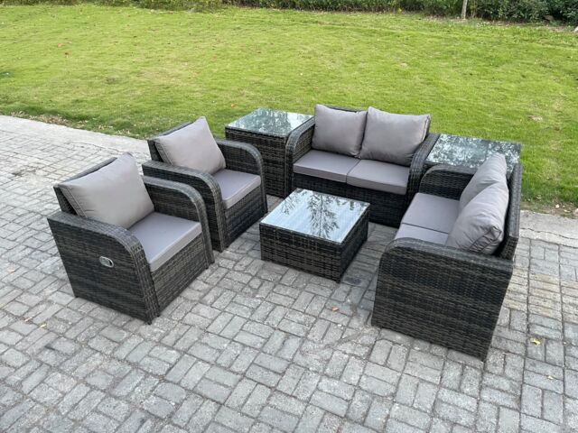 Fimous 6 Seater Rattan Sofa Set Outdoor Garden Furniture Set with Square Coffee Table Loveseat Sofa Reclining Chairs 2 Side Tables in Dark Grey - image 1