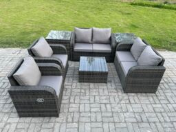 Fimous 6 Seater Rattan Sofa Set Outdoor Garden Furniture Set with Square Coffee Table Loveseat Sofa Reclining Chairs 2 Side Tables in Dark Grey - thumbnail 2
