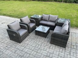 Fimous 6 Seater Rattan Sofa Set Outdoor Garden Furniture Set with Square Coffee Table Loveseat Sofa Reclining Chairs 2 Side Tables in Dark Grey - thumbnail 1