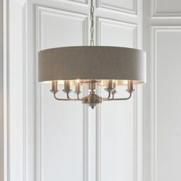 Netlighting Highclere Single Shade Pendant Light Brushed Chrome Plate Natural Linen in Grey - thumbnail 2