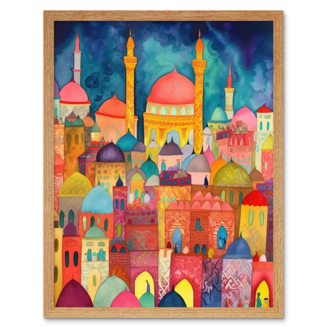 "Artery8 Wall Art Print Hagia Sophia Evening Cityscape Folk Art Watercolour Painting Art Framed in Light Oak - Size: W12"" x H16""" - image 1