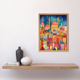 "Artery8 Wall Art Print Hagia Sophia Evening Cityscape Folk Art Watercolour Painting Art Framed in Light Oak - Size: W12"" x H16""" - thumbnail 2