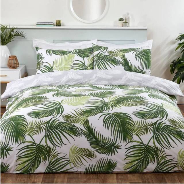 Smart Living Polycotton Floral Palm Print Reversible Duvet Cover With Pillowcase in Green - Size: Double - image 1