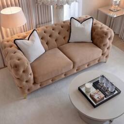 Sofaya Monaco Chesterfield Velvet Cushions Sofa 2 Seater Couch in Light Brown - thumbnail 2