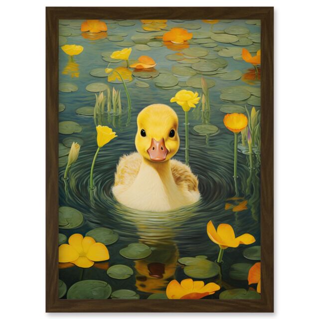 Artery8 Wall Art Print Whirlpool Duckling Lily Pads & Flowers Kids Bedroom Nursery Artwork Framed A4 in Brown - image 1