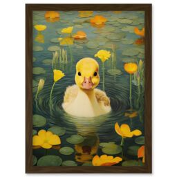 Artery8 Wall Art Print Whirlpool Duckling Lily Pads & Flowers Kids Bedroom Nursery Artwork Framed A4 in Brown - thumbnail 1