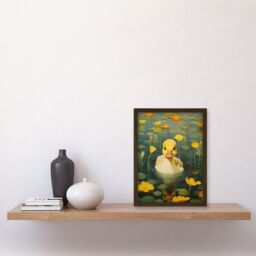 Artery8 Wall Art Print Whirlpool Duckling Lily Pads & Flowers Kids Bedroom Nursery Artwork Framed A4 in Brown - thumbnail 2