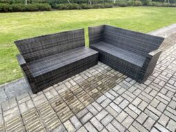Fimous 8 Seater Garden Rattan Furniture Corner Sofa Dining Table Set with 2 Small Footstools Indoor Outdoor Lounge Sofa Set in Dark Grey - thumbnail 3