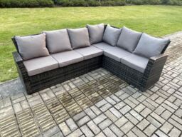Fimous 8 Seater Garden Rattan Furniture Corner Sofa Dining Table Set with 2 Small Footstools Indoor Outdoor Lounge Sofa Set in Dark Grey - thumbnail 4