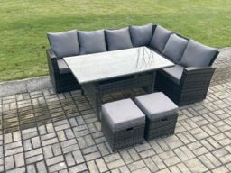 Fimous 8 Seater Garden Rattan Furniture Corner Sofa Dining Table Set with 2 Small Footstools Indoor Outdoor Lounge Sofa Set in Dark Grey