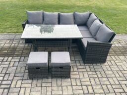Fimous 8 Seater Garden Rattan Furniture Corner Sofa Dining Table Set with 2 Small Footstools Indoor Outdoor Lounge Sofa Set in Dark Grey - thumbnail 2