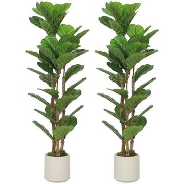 NESTLUNE 120cm 2 PCs Artificial Fiddle Leaf Fig Trese with Solid Wood Trunks in Green - Size: 100 cm x 15 cm - image 1