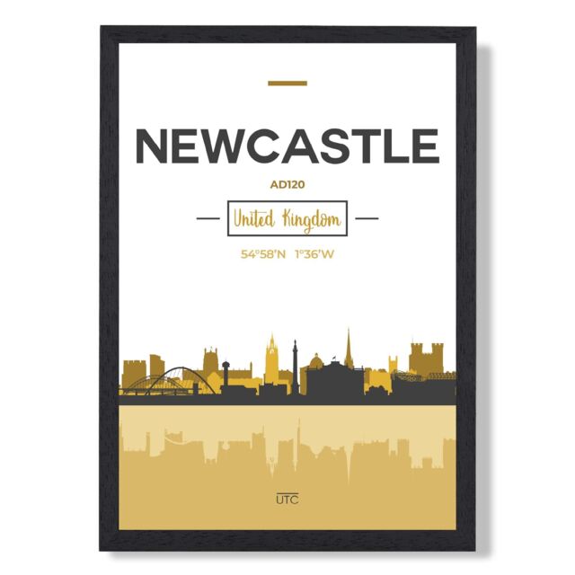 ARTZE Newcastle Yellow & Black City Skyline Framed Print SIZE: A4 with Black Frame - image 1
