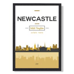 ARTZE Newcastle Yellow & Black City Skyline Framed Print SIZE: A4 with Black Frame - thumbnail 1