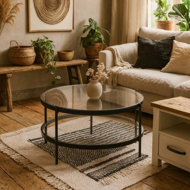 Wyld Haus Featheroak Smoked Glass Round Coffee Table Grey Black Metal Legs - image 1