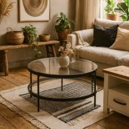 Wyld Haus Featheroak Smoked Glass Round Coffee Table Grey Black Metal Legs