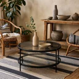 Wyld Haus Featheroak Smoked Glass Round Coffee Table Grey Black Metal Legs - thumbnail 3