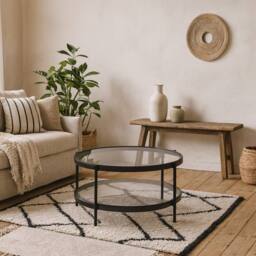 Wyld Haus Featheroak Smoked Glass Round Coffee Table Grey Black Metal Legs - thumbnail 2