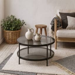 Wyld Haus Featheroak Smoked Glass Round Coffee Table Grey Black Metal Legs - thumbnail 4