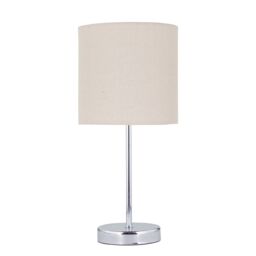 First Choice Lighting Chrome Stick Table Lamp with Natural Linen Shade in Silver