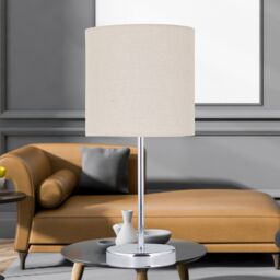 First Choice Lighting Chrome Stick Table Lamp with Natural Linen Shade in Silver - thumbnail 5