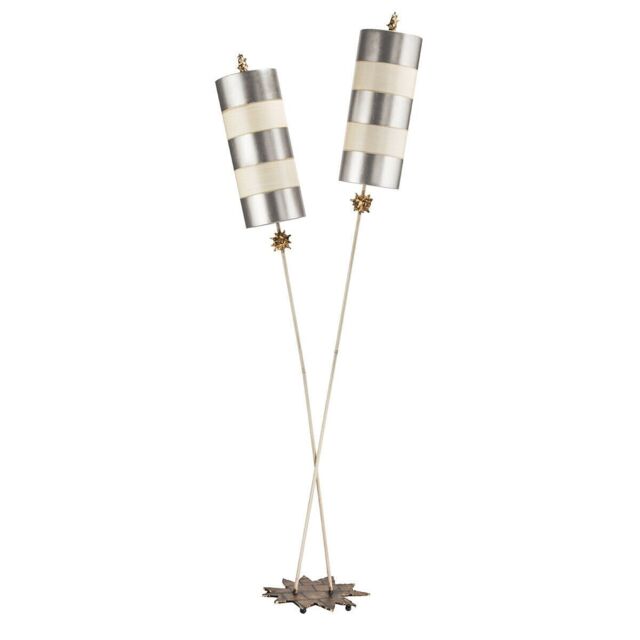 Loops 2 Bulb Floor Lamp Beige Silver Leaf Striped Shades Star Shaped Base LED E27 60W in Metallics