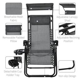 OUTSUNNY Zero Gravity Chair Adjustable Patio Lounge w/ Cup Holder in Light Grey - thumbnail 6