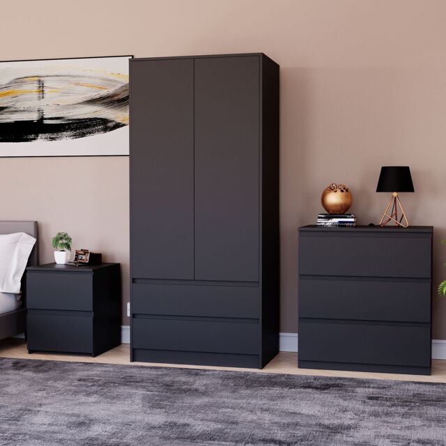Home Discount Vida Designs Denver Bedroom Set (2 Dr Bedside, 3 Dr Chest, Wardrobe) in Black - image 1
