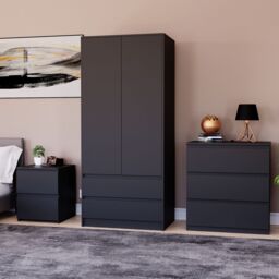 Home Discount Vida Designs Denver Bedroom Set (2 Dr Bedside, 3 Dr Chest, Wardrobe) in Black - thumbnail 1